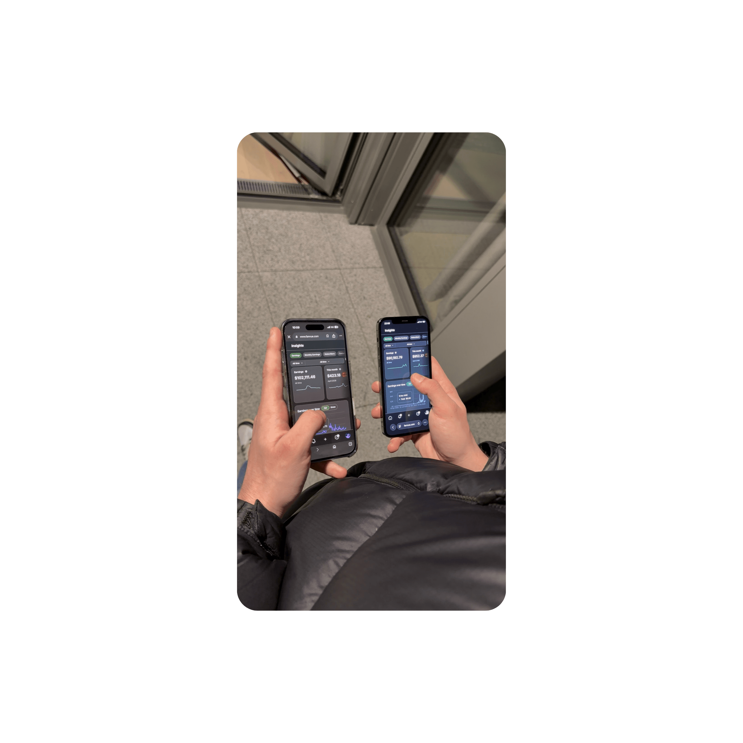 Hands holding two phones